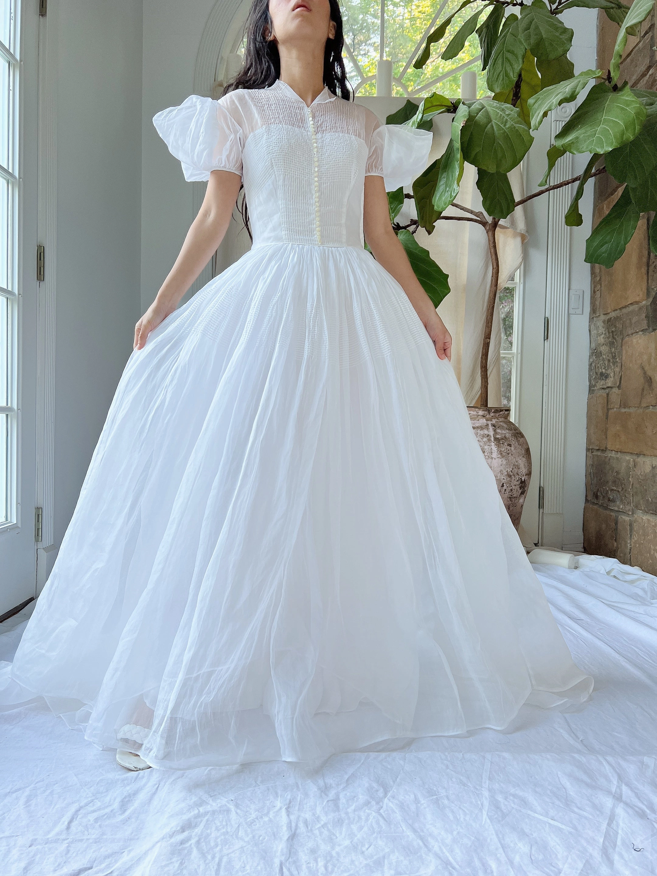1940s White Organdy Puff Sleeve Dress - XS