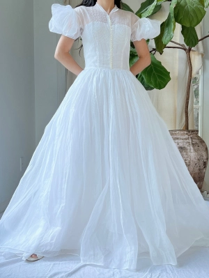 1940s White Organdy Puff Sleeve Dress - XS