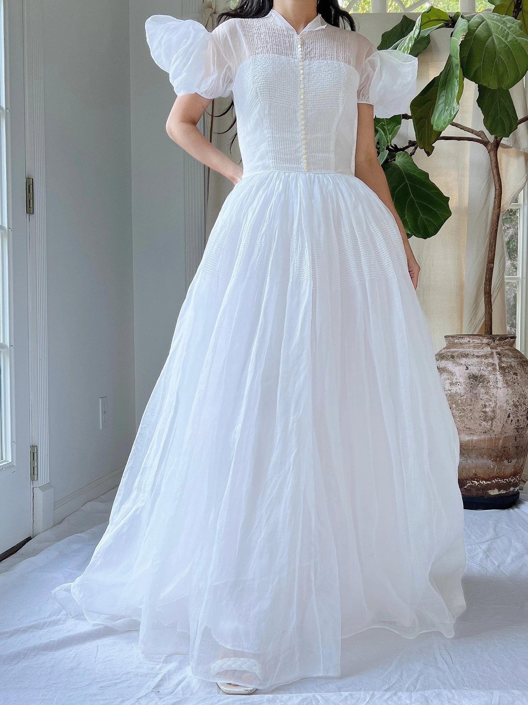 1940s White Organdy Puff Sleeve Dress - XS
