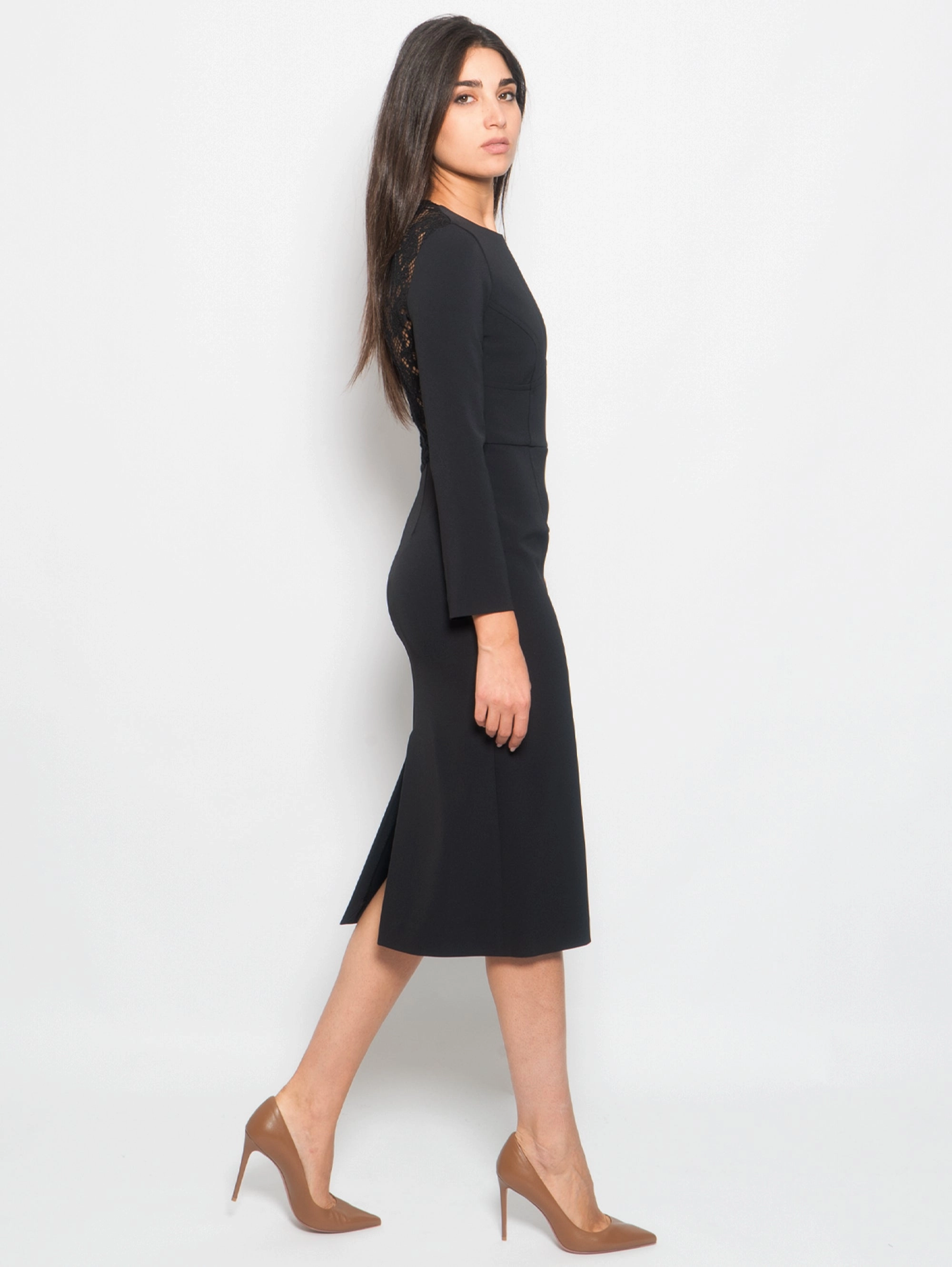 Crepe dress with black lace insert