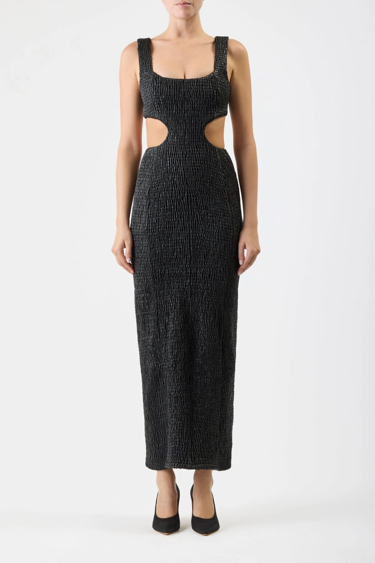 Gal Shirred Maxi Dress with Lining in Black Nappa Leather