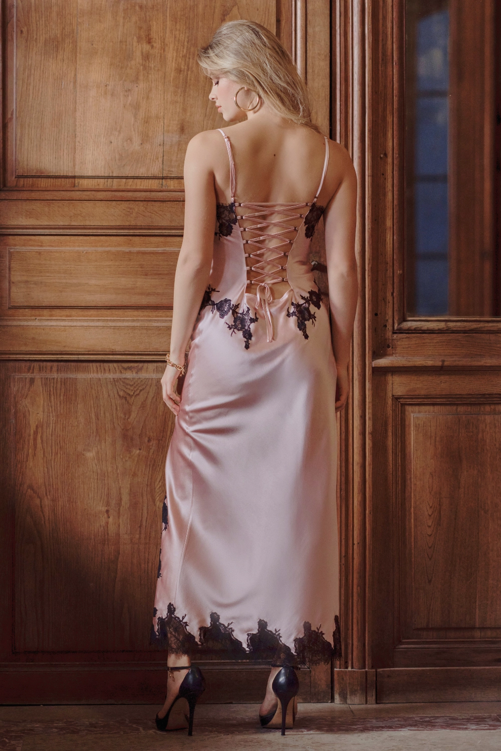 Petal Long Lace Up Silk Nightie