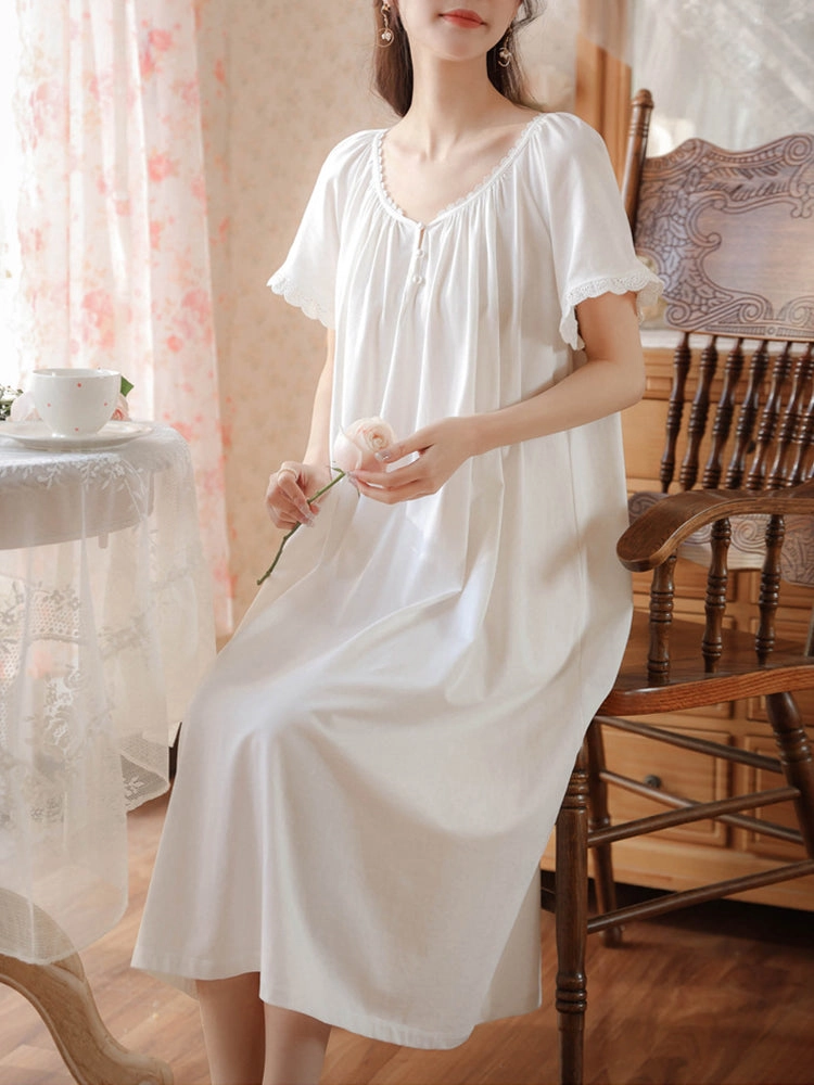 Women's Lace Nightdress Short Sleeve Victorian Nightgown Sleepwear Pajama