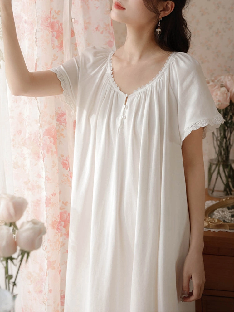 Women's Lace Nightdress Short Sleeve Victorian Nightgown Sleepwear Pajama